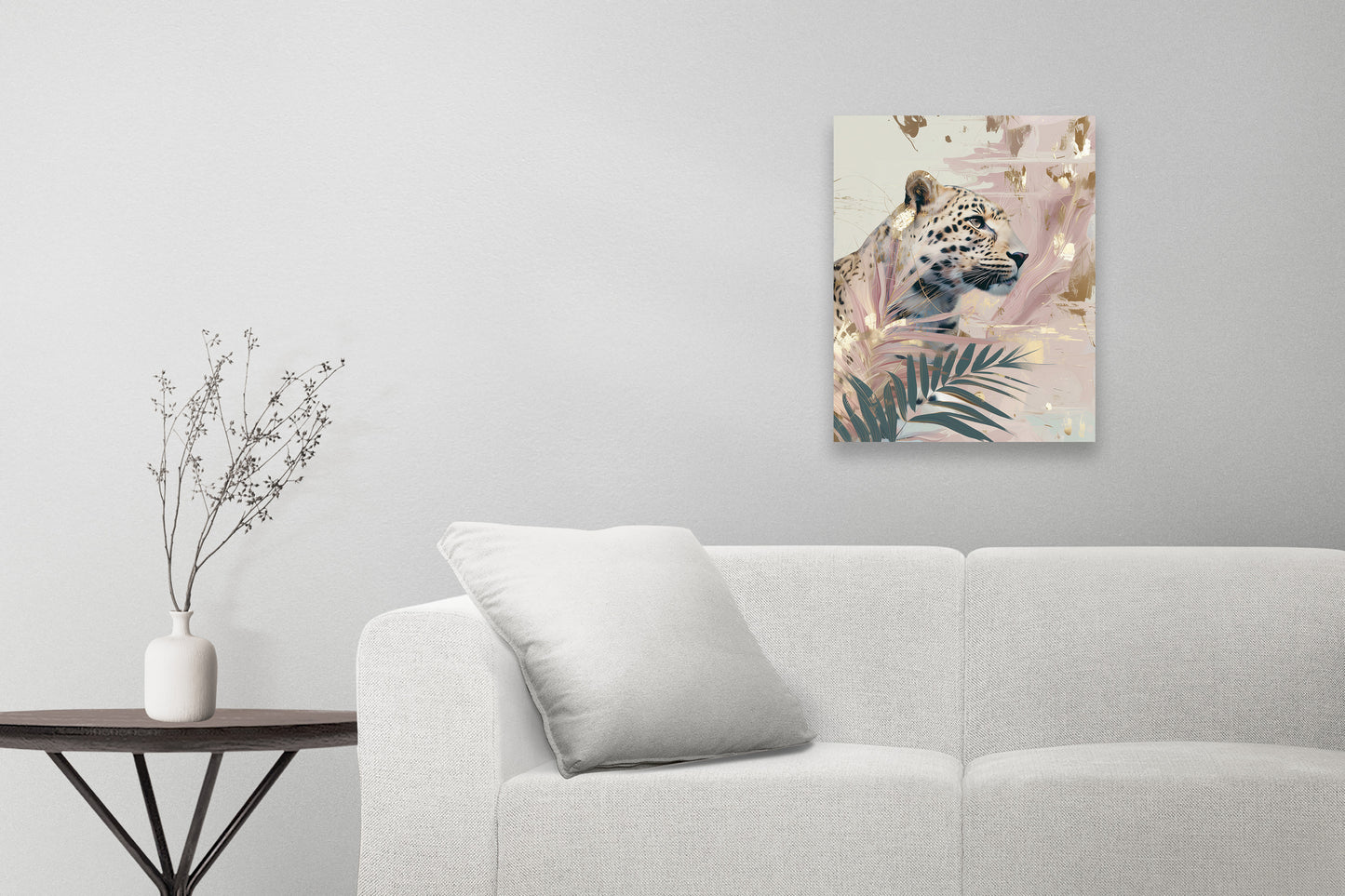 Big Cat Wall Art Print on canvas or poster with gold and blush highlights. Big Cat 1.
