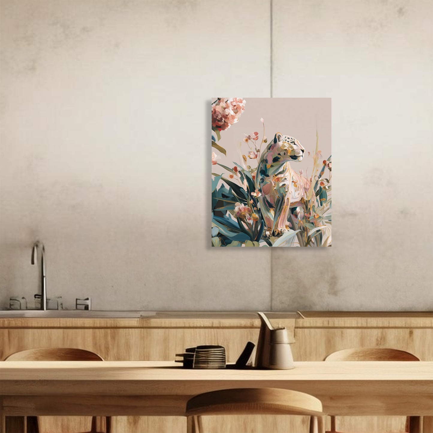 Big Cat Wall Art Print on canvas or poster with gold and blush highlights. Big Cat 4.