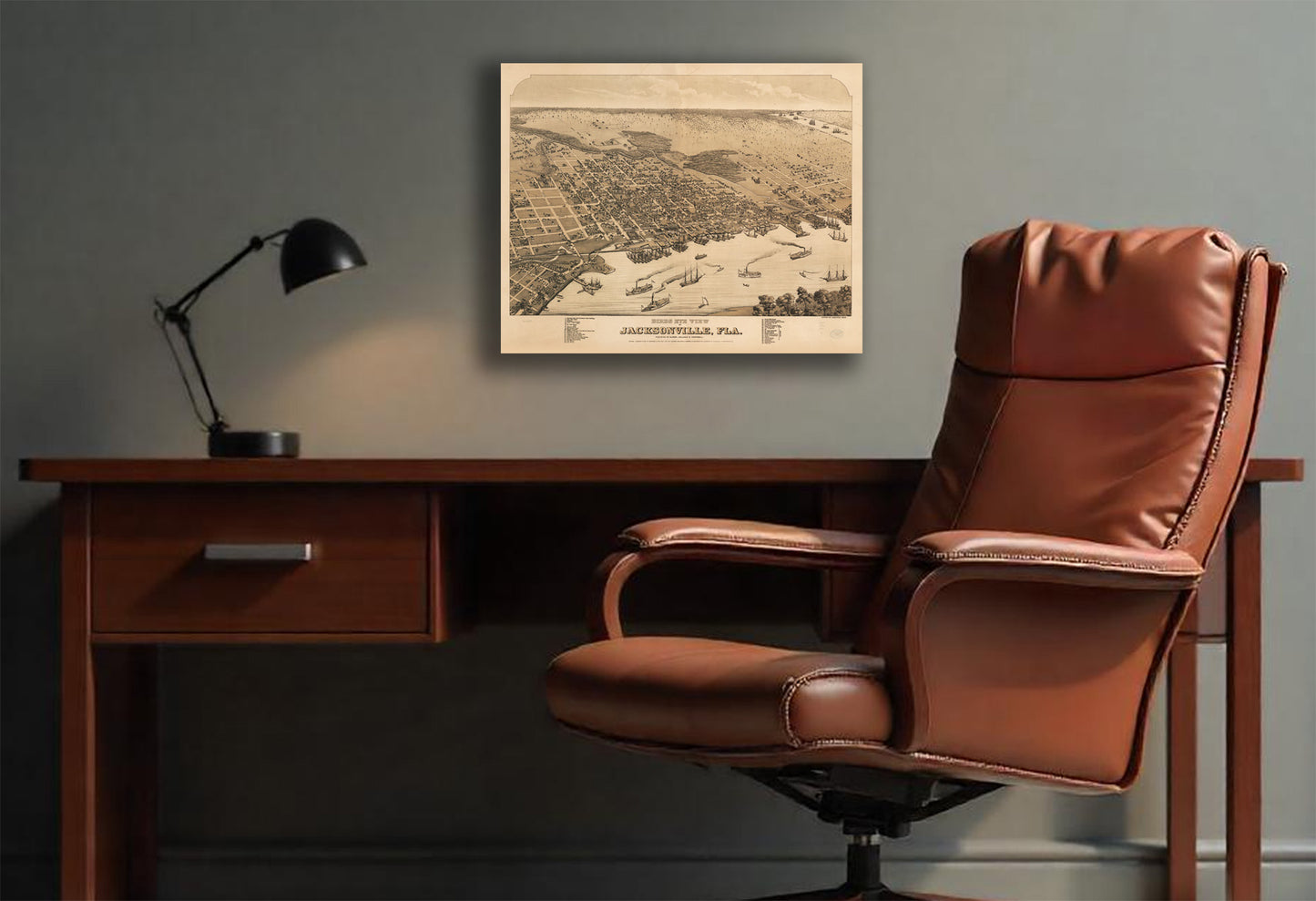 Historical Bird's Eye View of Jacksonville, Florida in 1878 print on Canvas or Poster.