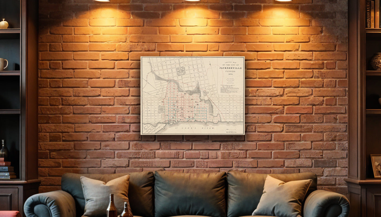 Historical Map of Jacksonville, Florida in 1878 print on Canvas or Poster.