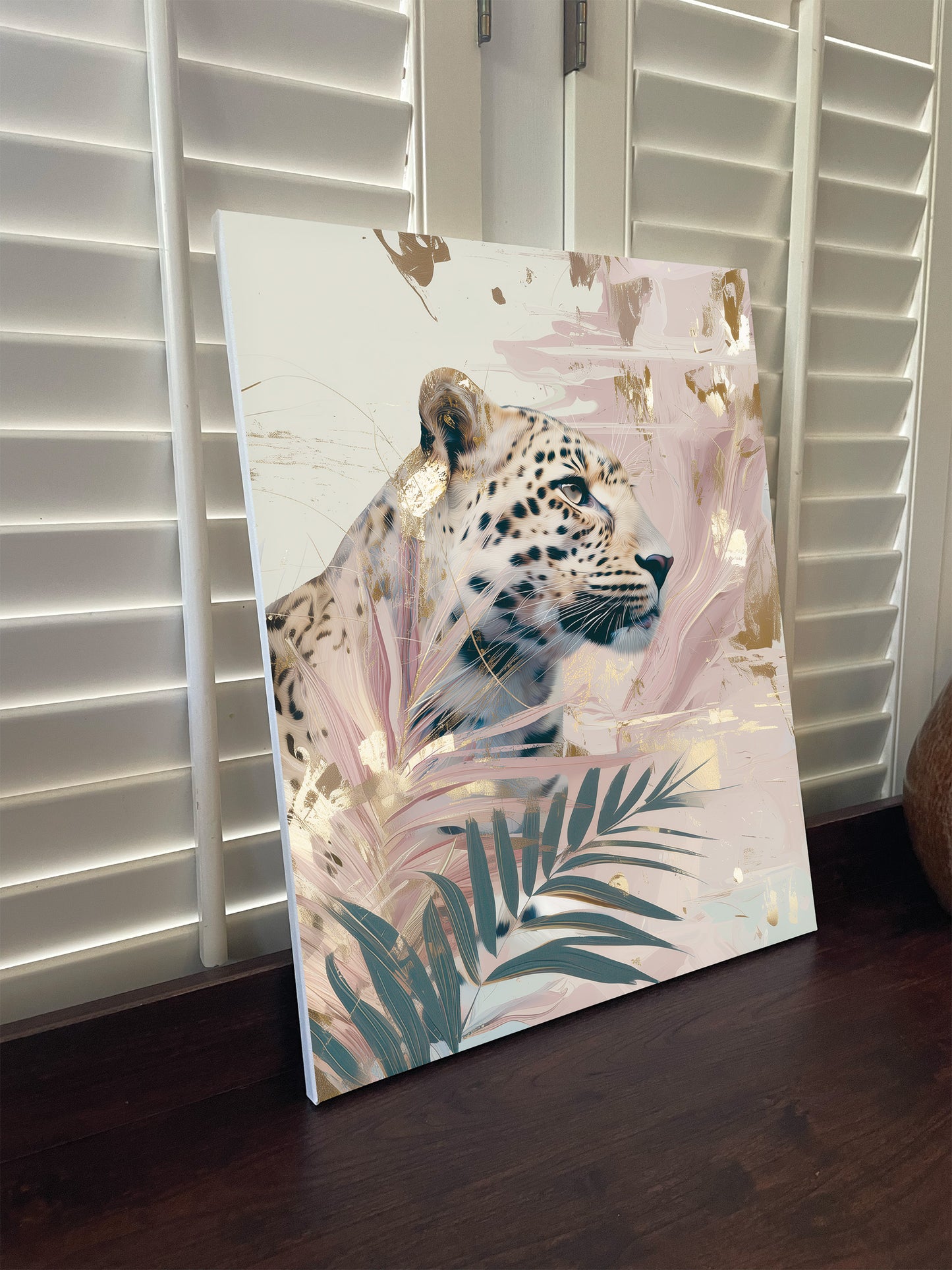 Big Cat Wall Art Print on canvas or poster with gold and blush highlights. Big Cat 1.