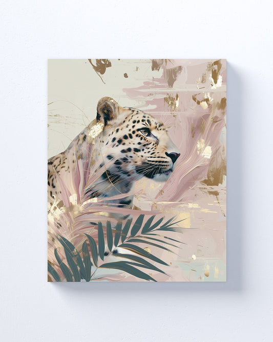 Big Cat Wall Art Print on canvas or poster with gold and blush highlights. Big Cat 1.