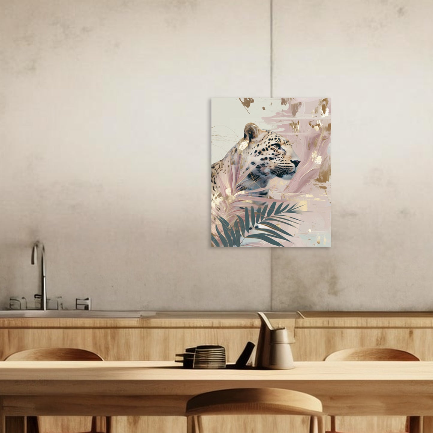 Big Cat Wall Art Print on canvas or poster with gold and blush highlights. Big Cat 1.