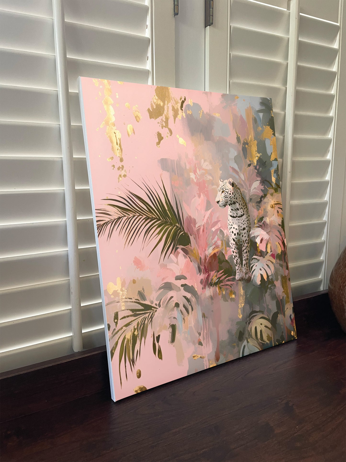 Big Cat Wall Art Print on canvas or poster with gold and blush highlights. Big Cat 3.