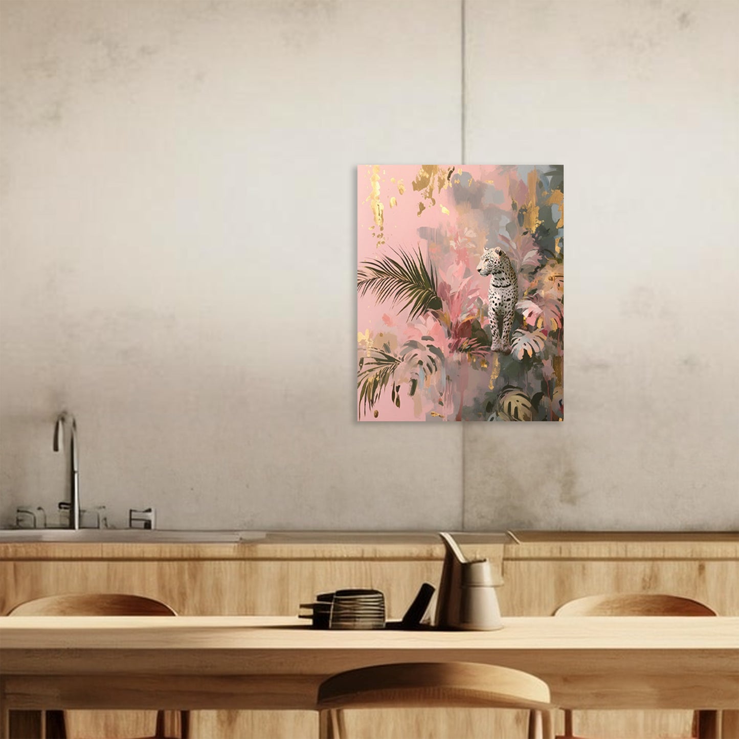 Big Cat Wall Art Print on canvas or poster with gold and blush highlights. Big Cat 3.