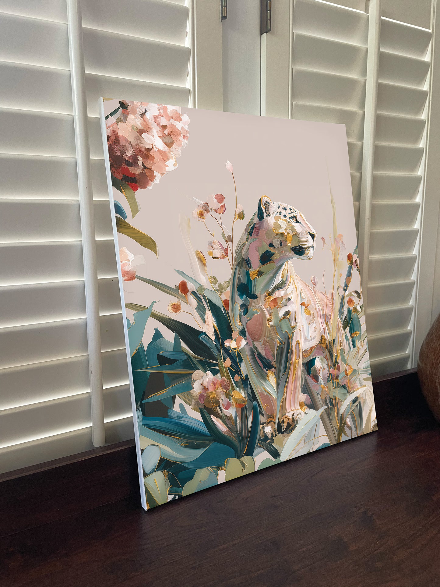 Big Cat Wall Art Print on canvas or poster with gold and blush highlights. Big Cat 4.