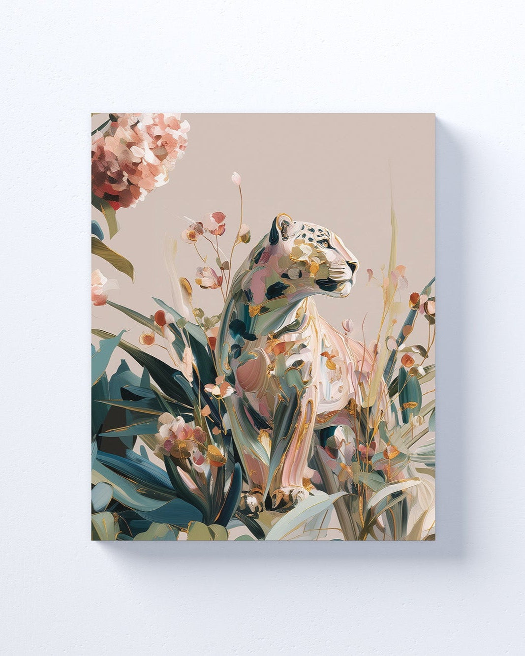 Big Cat Wall Art Print on canvas or poster with gold and blush highlights. Big Cat 4.
