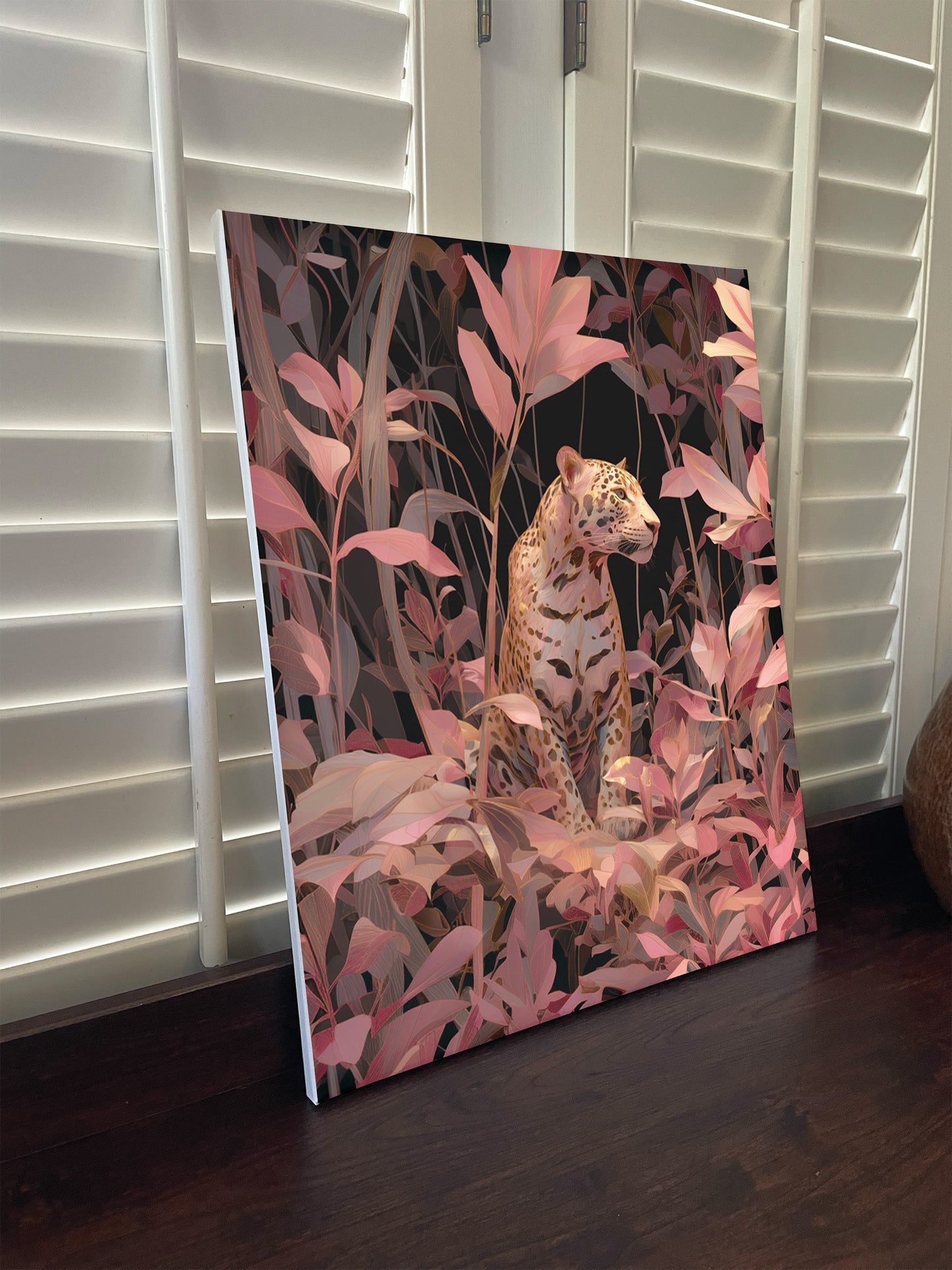Big Cat Wall Art Print on canvas or poster with gold and blush highlights. Big Cat 2.