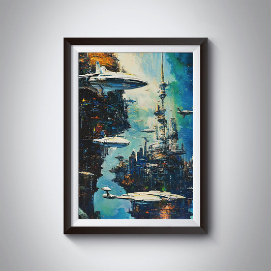 Etheral Future City Poster. Sci Fi wall art. Future Port 2