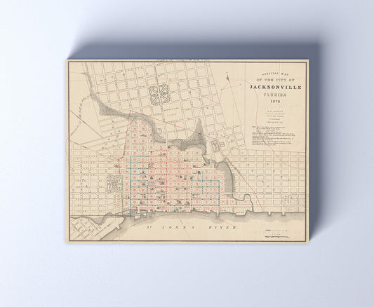 Historical Map of Jacksonville, Florida in 1878 print on Canvas or Poster.