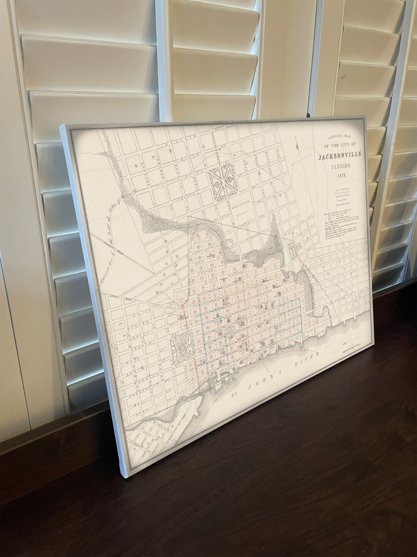 Historical Map of Jacksonville, Florida in 1878 print on Canvas or Poster.