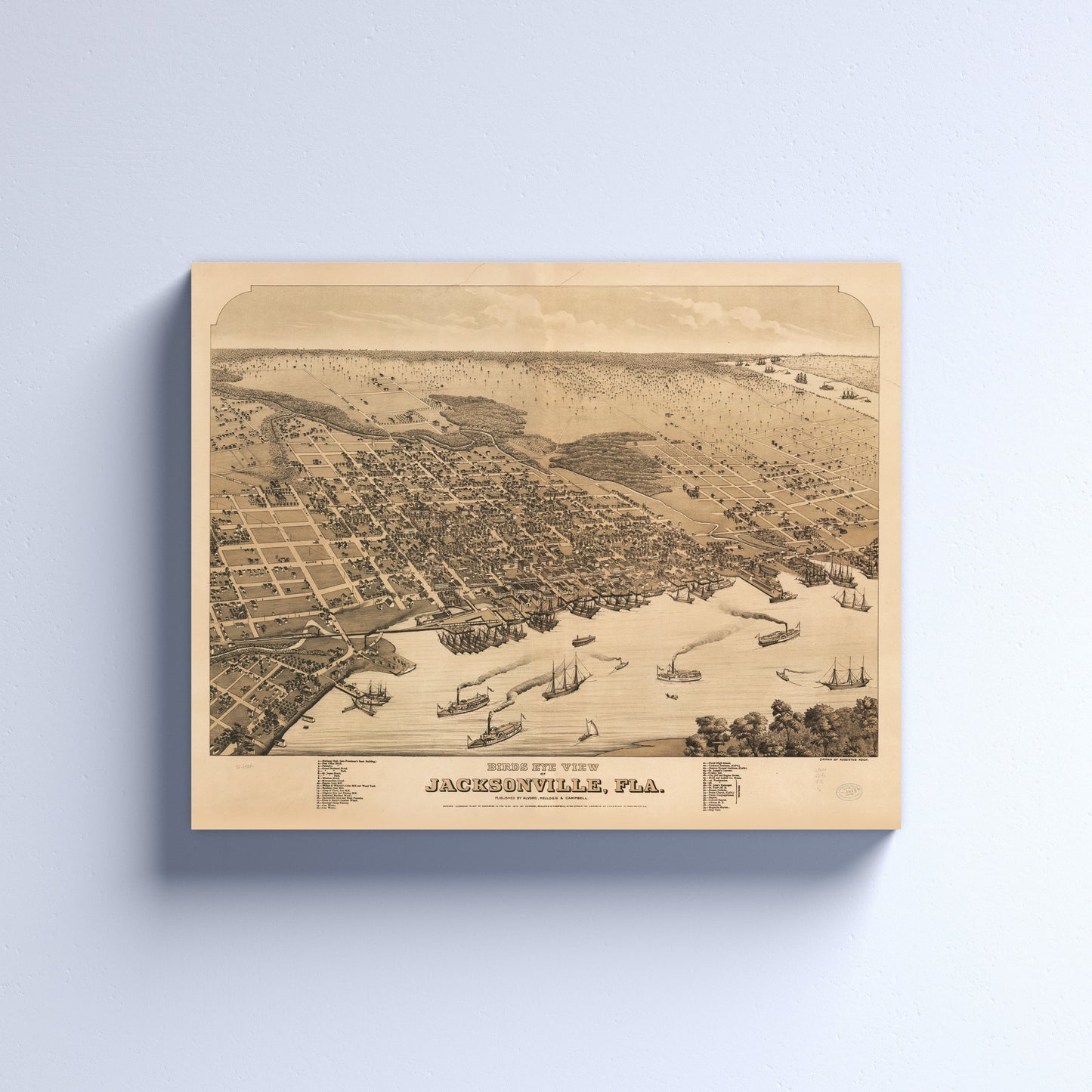 Historical Bird's Eye View of Jacksonville, Florida in 1878 print on Canvas or Poster.
