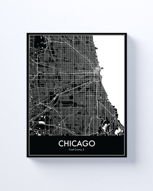 Framed black and white map of Chicago on a light gray background