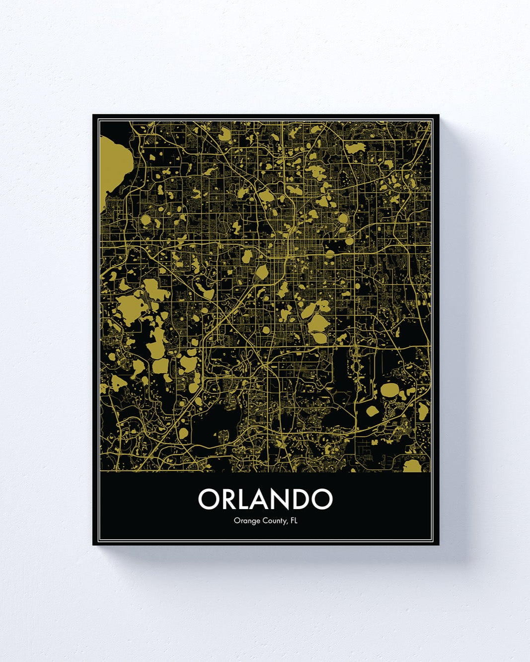 Framed map of Orlando, Florida on a black background