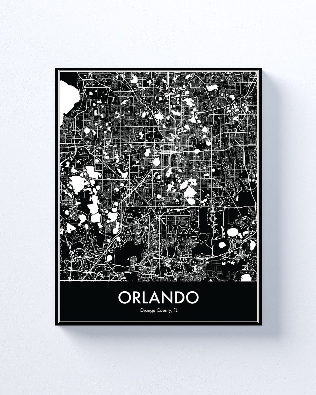 Map of Orlando framed on a white wall