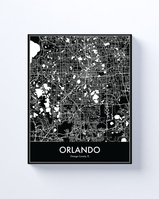 Map of Orlando framed on a white wall