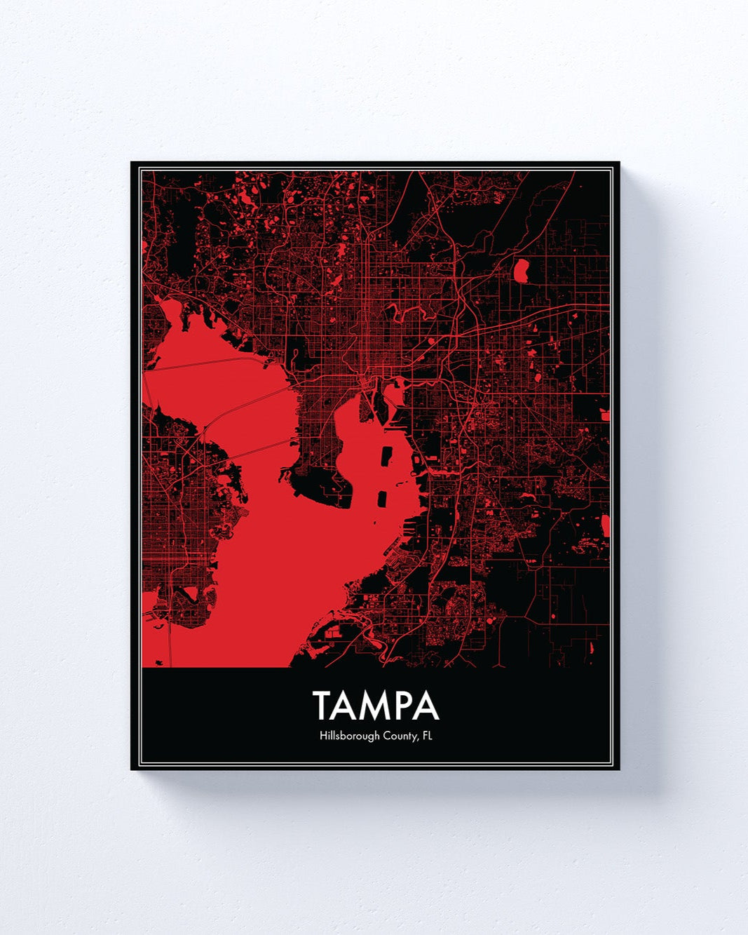 Map poster of Tampa with red and black design on a white background