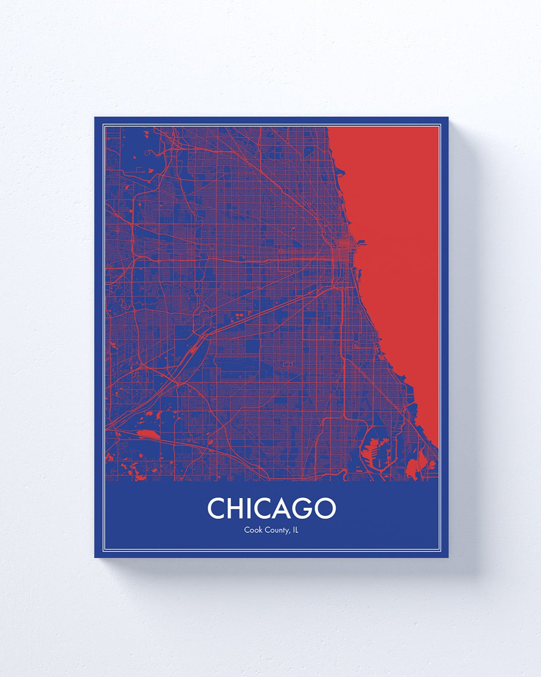 Map poster of Chicago with a blue and red design on a white background