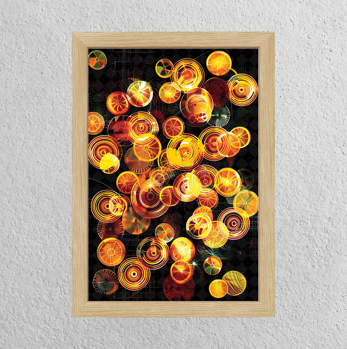 Colorful explosion of citrus tangerine wall art perfect to brighten up a room or counter top. Picnic Tangerine Dream.