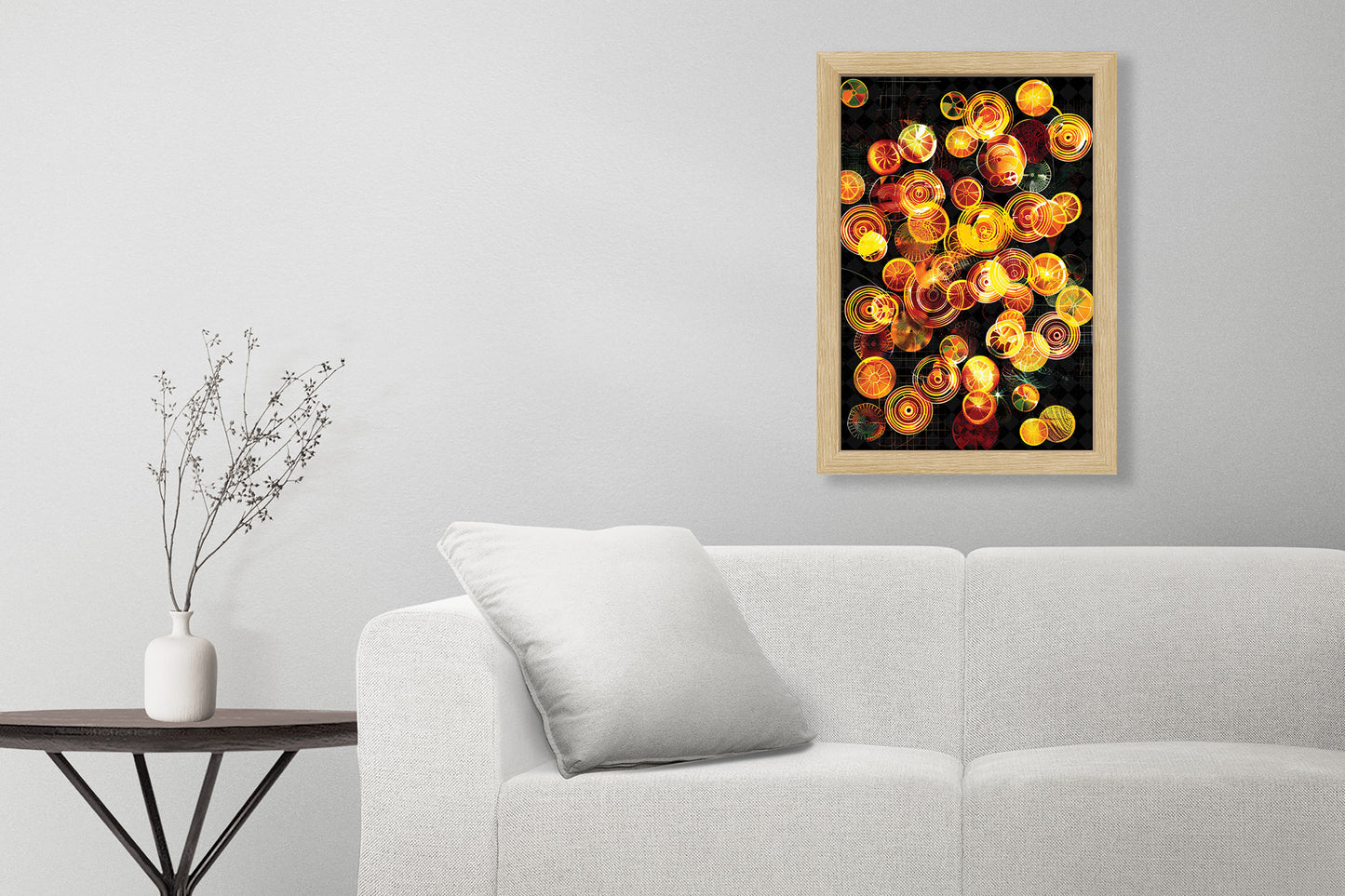 Colorful explosion of citrus tangerine wall art perfect to brighten up a room or counter top. Picnic Tangerine Dream.