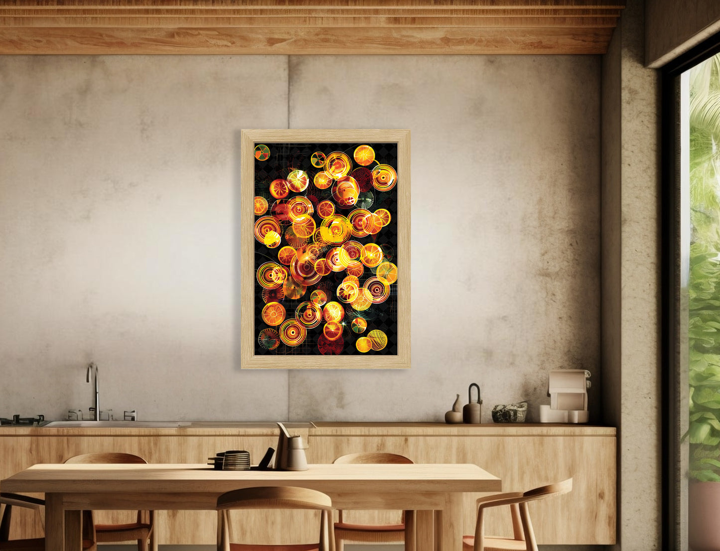Colorful explosion of citrus tangerine wall art perfect to brighten up a room or counter top. Picnic Tangerine Dream.