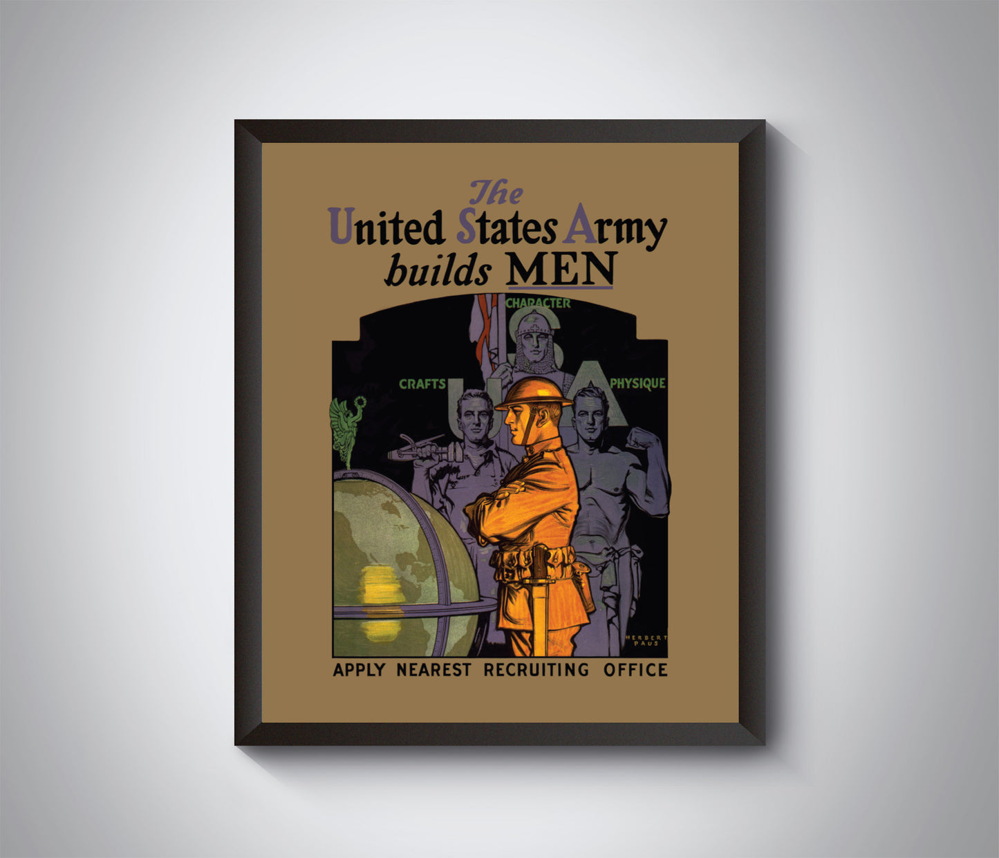 Vintage US Army Recruitment Poster used during WW1. The US Army Builds Men.