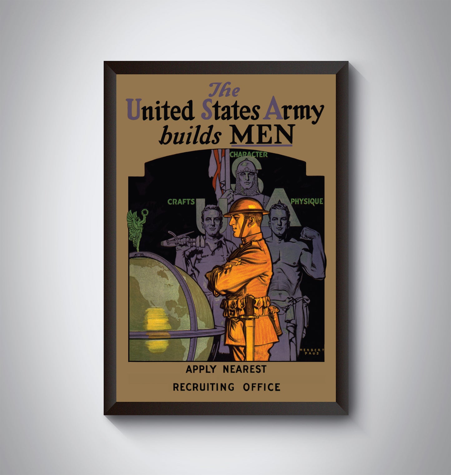 Vintage US Army Recruitment Poster used during WW1. The US Army Builds Men.